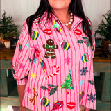Light Pink & Red Stripe Christmas Icons Button Up Top (Queen of Sparkles)