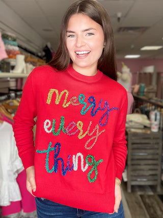 Merry Everything Glitter Script Sweater Red Queen of Sparkles