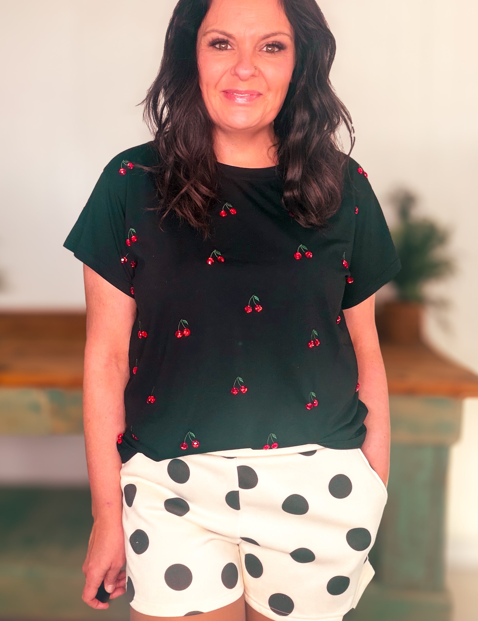 Black Mini Jeweled Cherry Tee – Queen of Sparkles