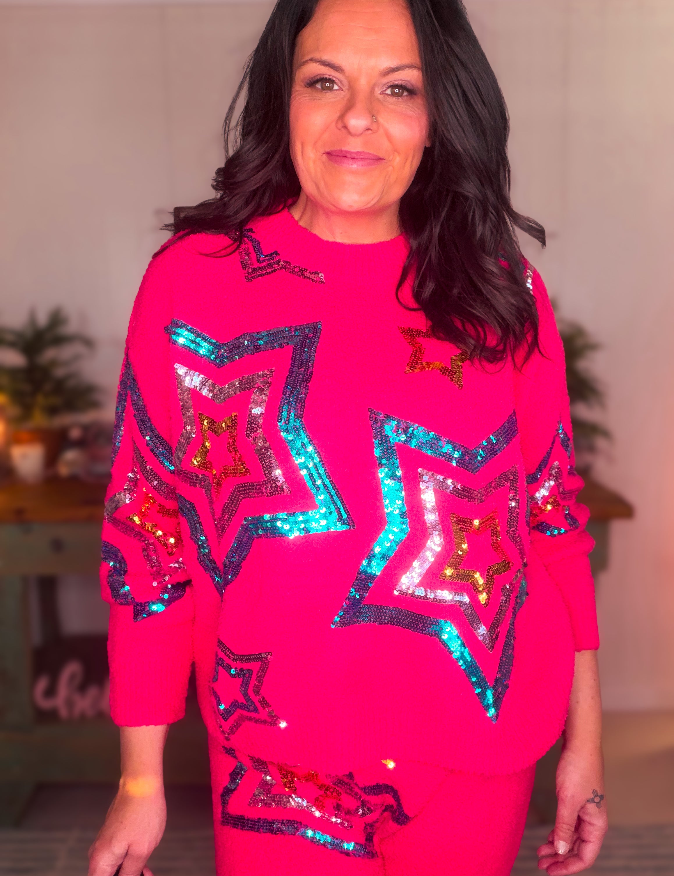 Cozy Soft Sequin Star Sweater with Shorts Set