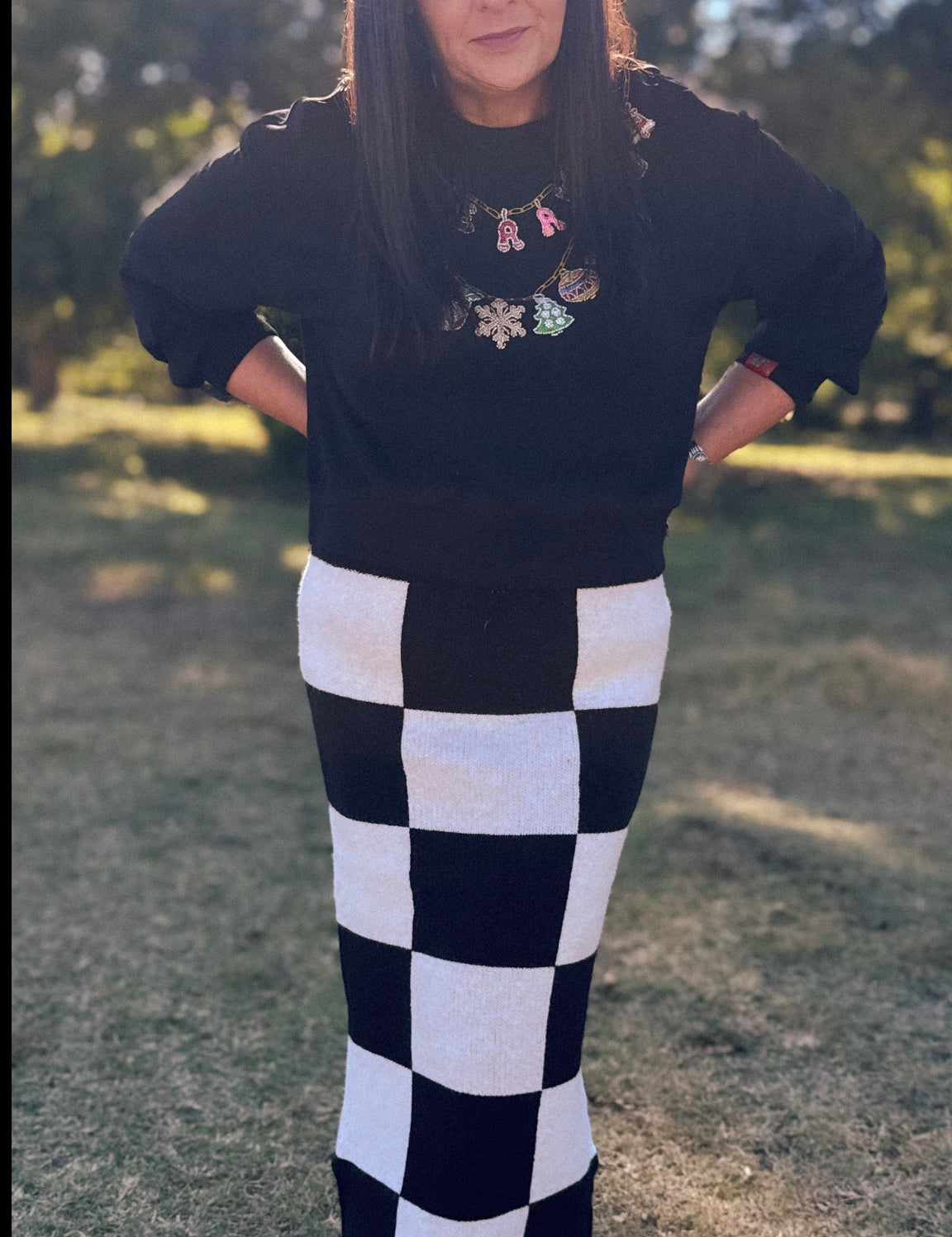 Checkered Knit Pencil Skirt