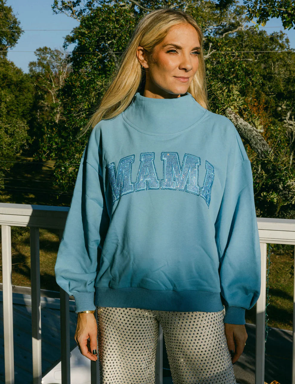 Light Blue 'Mama' Mock Neck Sweatshirt - Queen of Sparkles