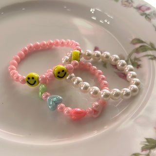 Beaded Smiley & Pearl Bracelet Set Light Pink
