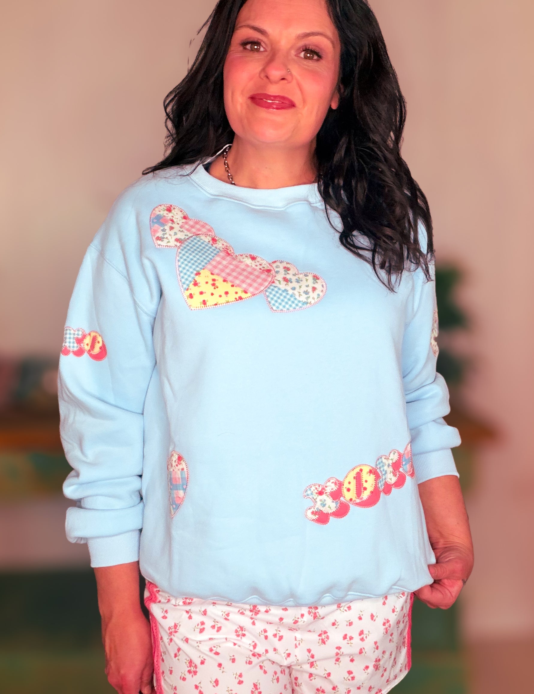 Patchwork Printed Valentine French Terry Sweatshirt