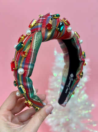 Metallic White Tartan Plaid Headband with Crystals - Adult Size