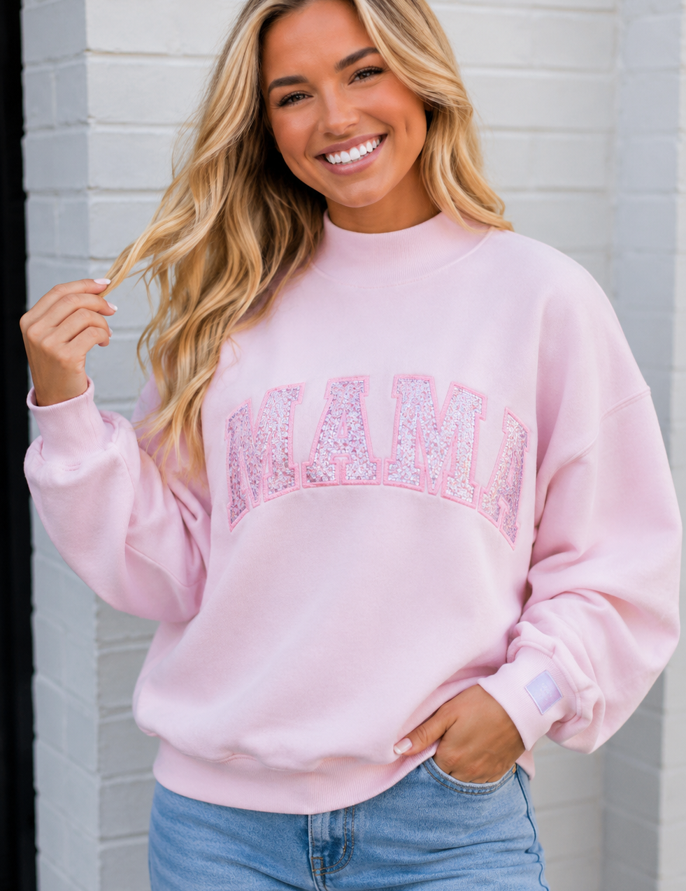 Light Pink 'Mama' Mock Neck Sweatshirt - Queen of Sparkles