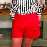 High-Rise Waist Tie Cotton Shorts – Red