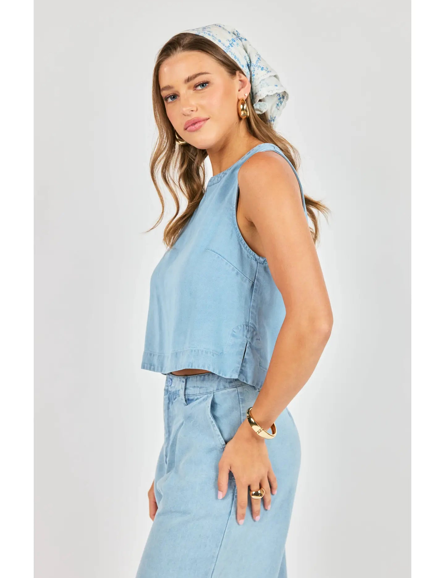It's Pouring Sleeveless Top - Light Chambray