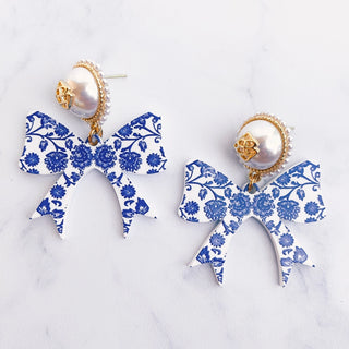 Chinoiserie Blue and White Bow Earrings