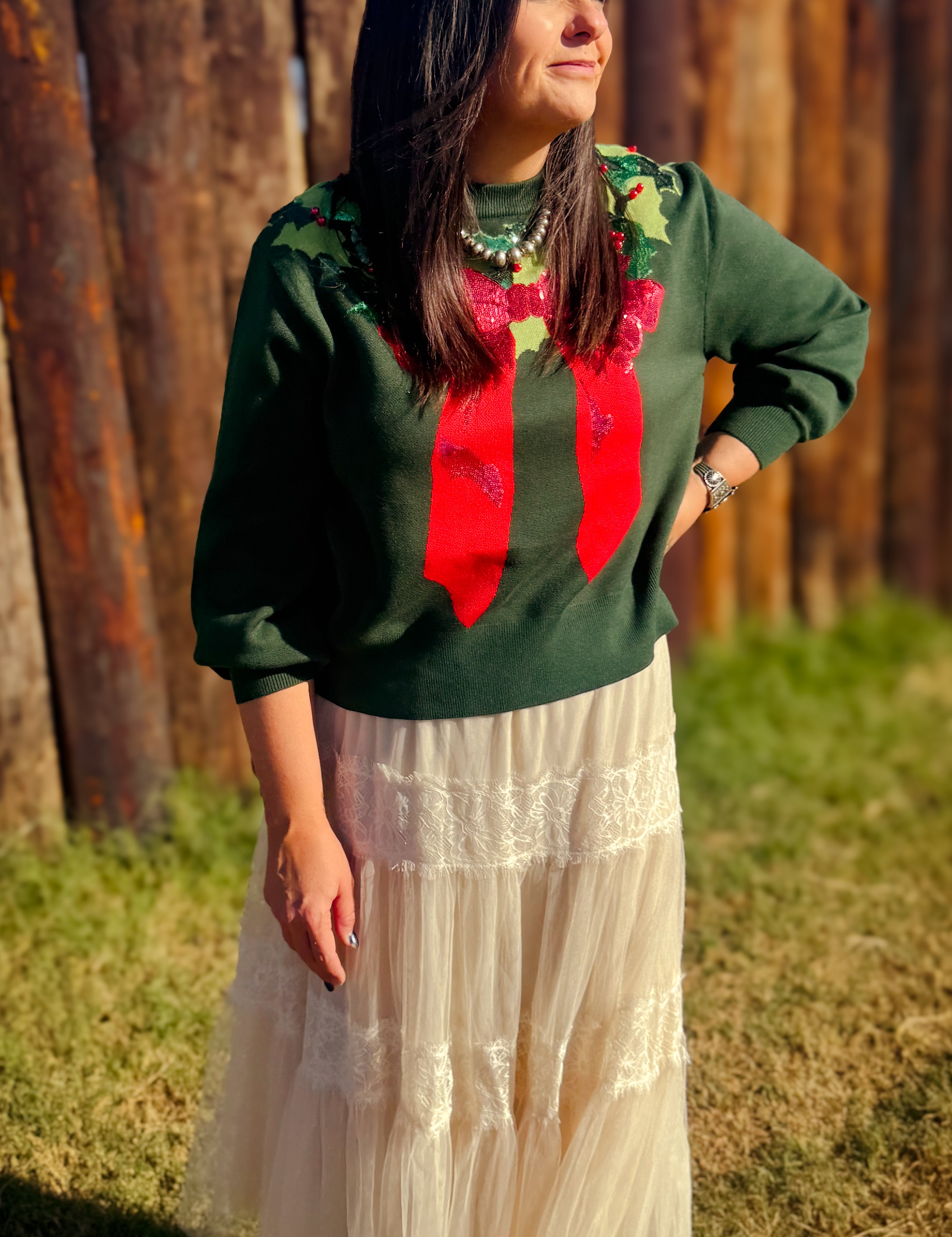 Dark Green & Red Wreath Around Neck Sweater - Dark Green [Queen od Sparkles]