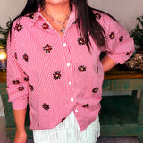 Red & White Striped Scattered Jeweled Poinsettia Button Up Collar Top