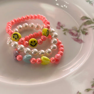 Beaded Smiley & Pearl Bracelet Set Pink