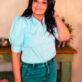 Collared Neck Short Puff Sleeve Striped Blouse