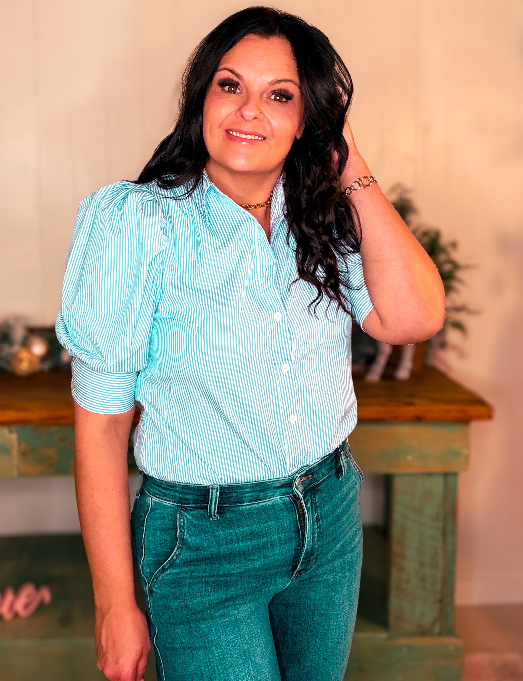 Collared Neck Short Puff Sleeve Striped Blouse