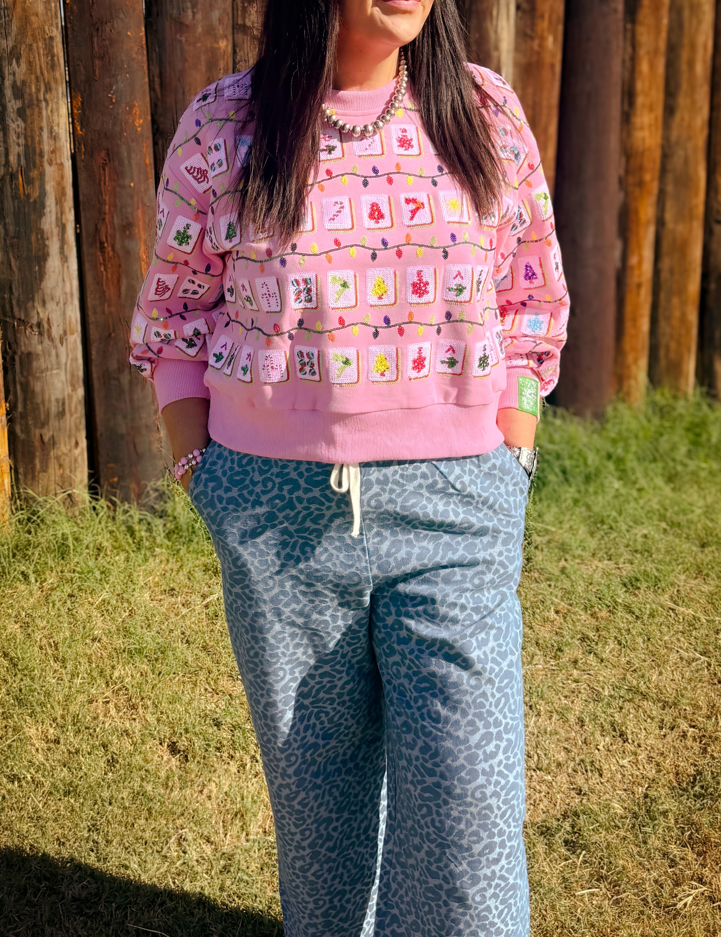 Pink Christmas Mahjong Tile Sweatshirt - Pink [Queen of Sprakles]