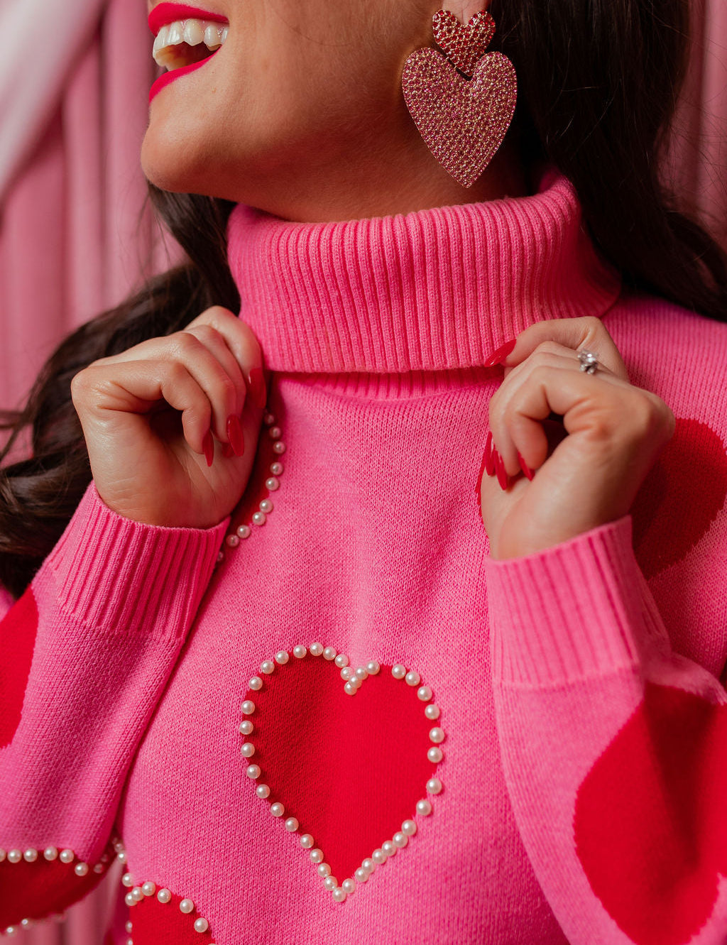 Pink Sweater Tunic - Red Hearts with Pearls [Brianna Cannon]