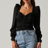 Long Sleeve Ruched Puff Sleeve Top  Black
