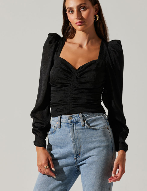 Long Sleeve Ruched Puff Sleeve Top  Black