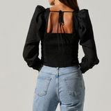Long Sleeve Ruched Puff Sleeve Top  Black