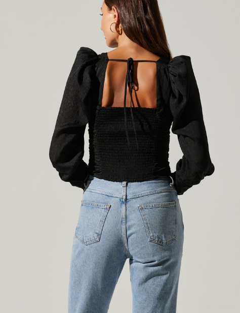 Long Sleeve Ruched Puff Sleeve Top  Black