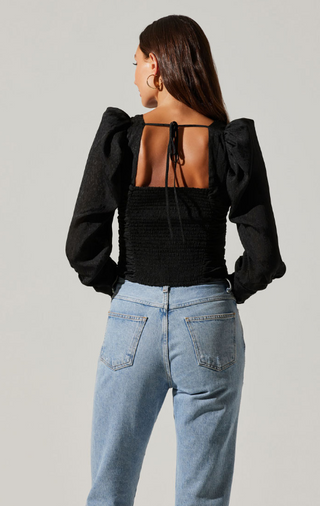 Long Sleeve Ruched Puff Sleeve Top  Black