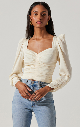 Long Sleeve Ruched Puff Sleeve Top Cream