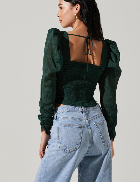 Long Sleeve Ruched Puff Sleeve Top Hunter Green