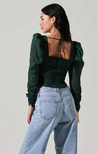 Long Sleeve Ruched Puff Sleeve Top Hunter Green