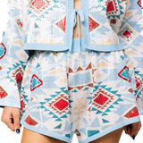 Blue Multi Sequin Aztec Print Knit Shor-Queen of Sparkles