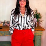 Collard Vertical Stripe Printed Satin Blouse Top