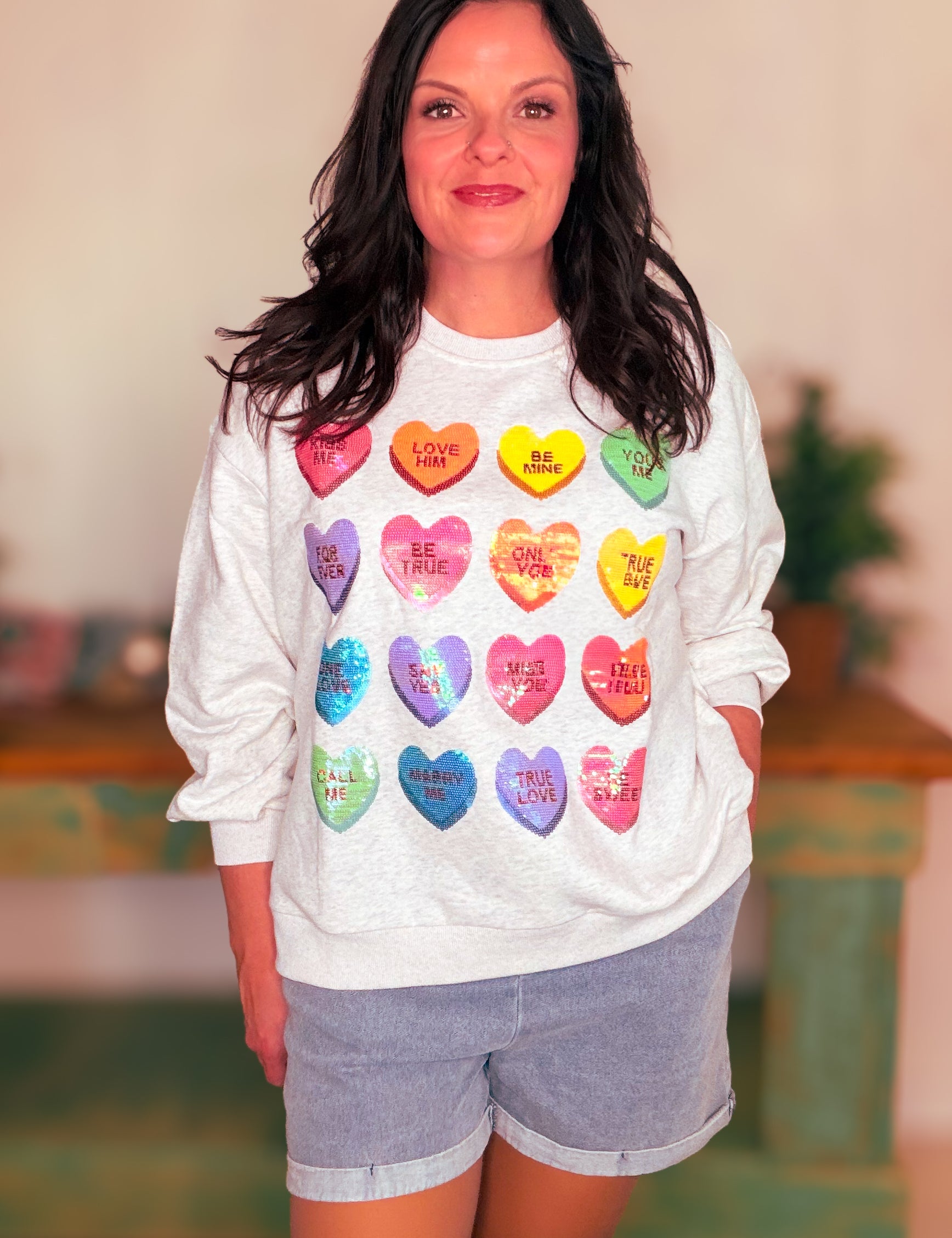 Denim Washed Heart Patch Elastic Band Waist Short