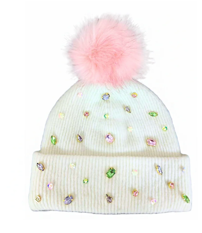 Cold Weather Cuties Beanie with Crystals and Pink Pom- (Brianna Cannon) Pre Order