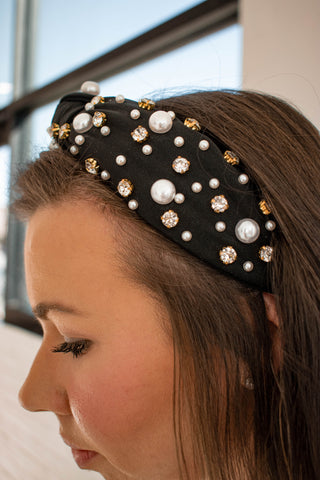 Black Twill Headband with Large Pearls and Crystals