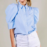 Collared Neck Short Puff Sleeve Striped Blouse