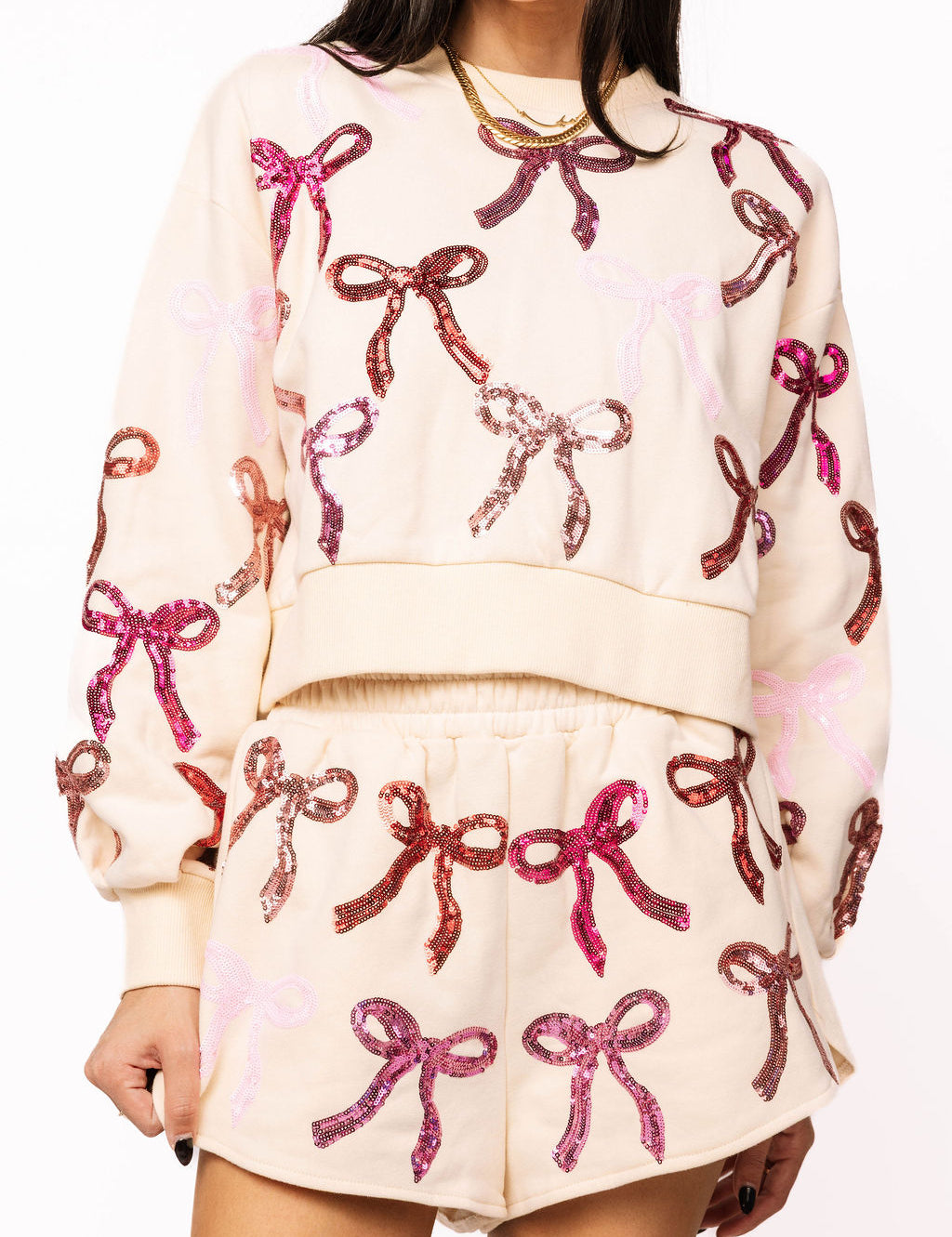 Beige, Pink & Red Bow Sweatshirt -Queen of Sparkles