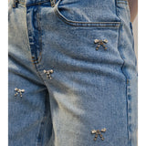 Bow Embellished Straight Leg Jeans