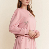 Rhinestone Bow Detail Soft Knit Sweatshirt Set – Blush