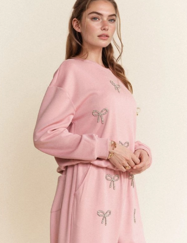 Rhinestone Bow Detail Soft Knit Sweatshirt Set – Blush