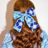 Blue Mosaic Lace Flowers Bow Barrette [Brianna Cannon]