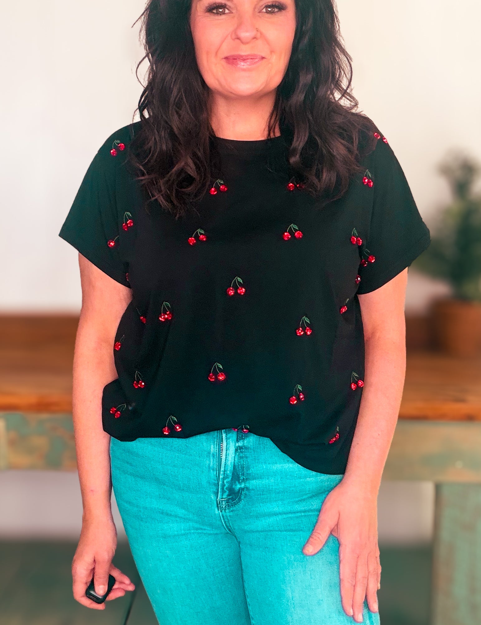 Black Mini Jeweled Cherry Tee – Queen of Sparkles
