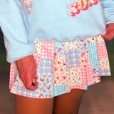 Gingham & Floral Patchwork Printed Knife Pleated Active Skort