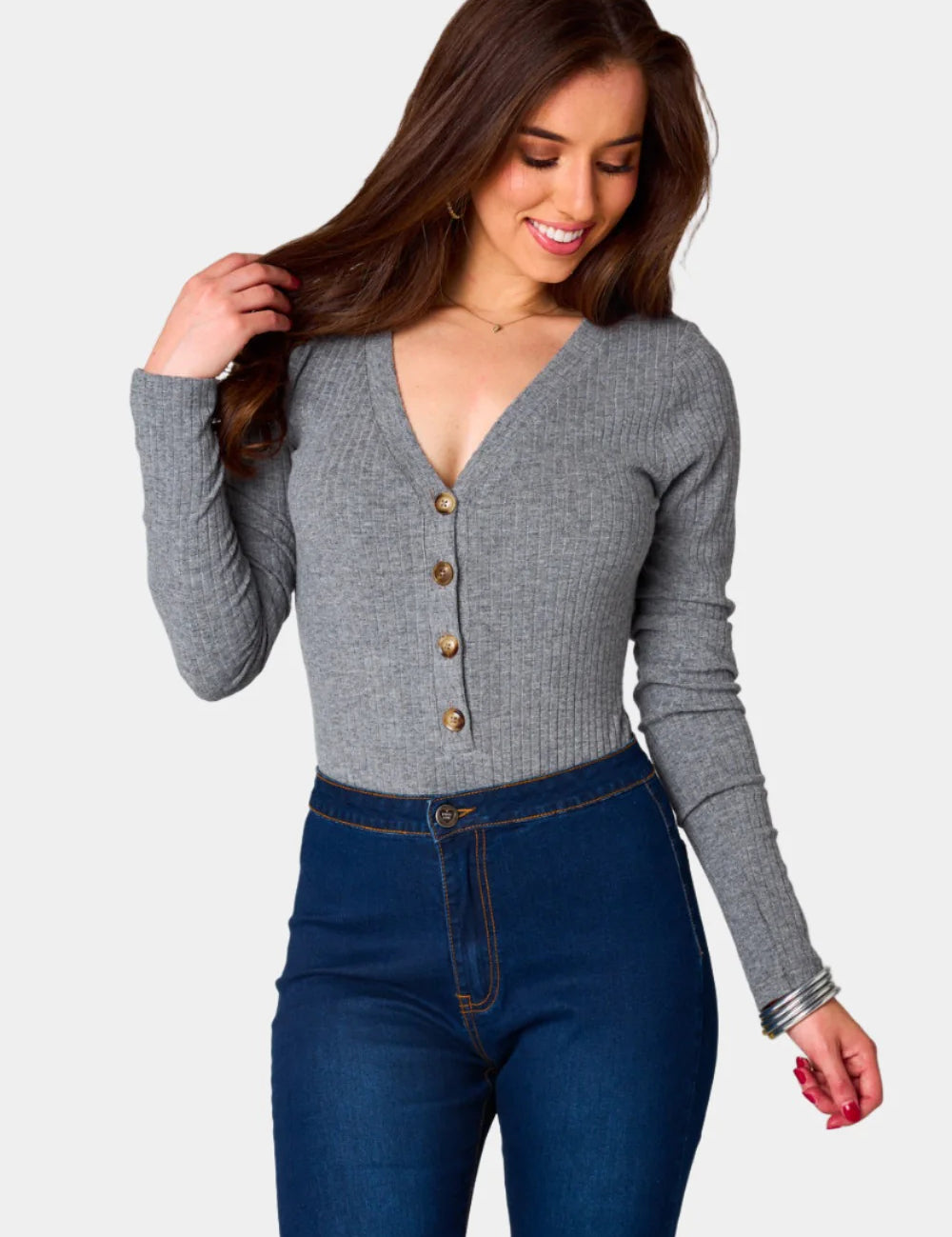 Holly Long Sleeve Button Up Bodysuit - Grey [BuddyLove]