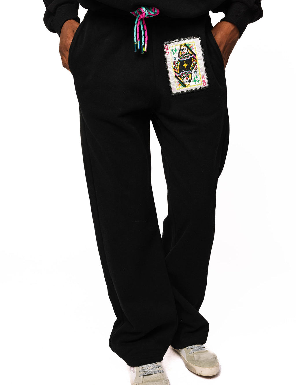 Black QOS Queen Card Rhinestone Tie Pant Queen of Sparkles