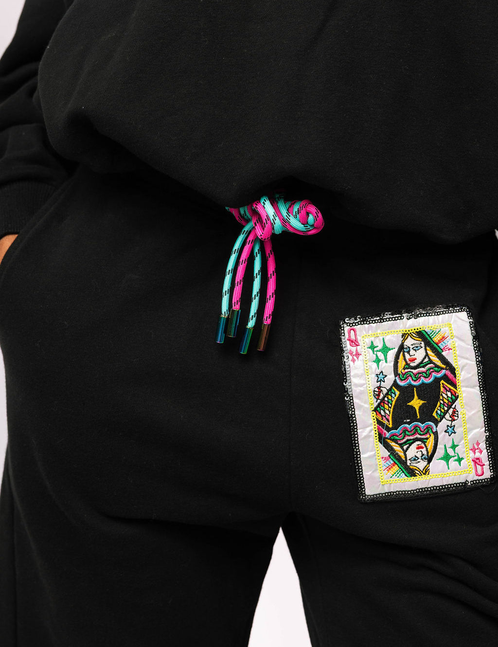 Black QOS Queen Card Rhinestone Tie Pant Queen of Sparkles