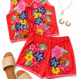 Queen of Sparkles Orange Multi Floral Sequin Lace-Up Tank Top