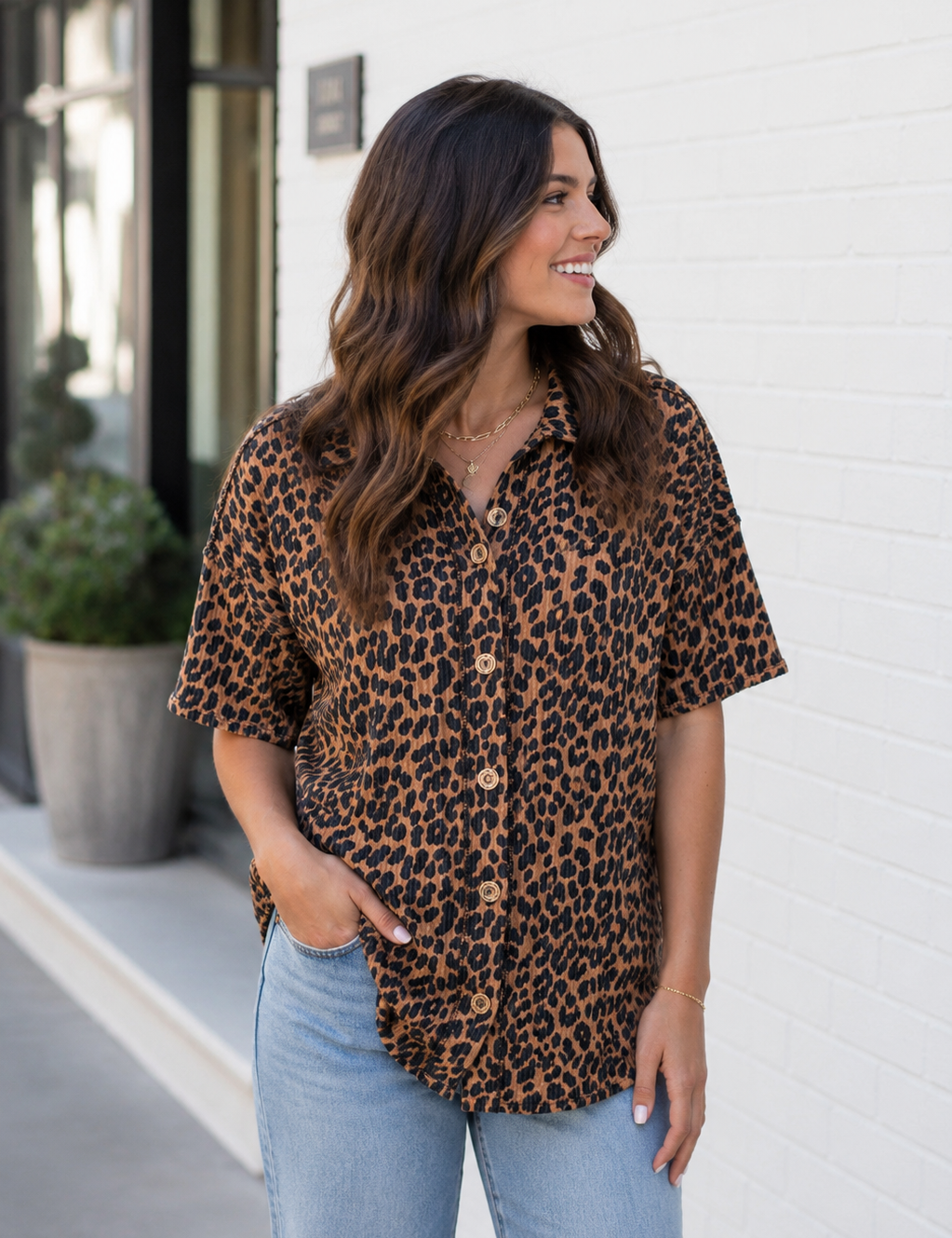 Leopard Print Ribbed Button Down Collared Top