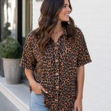 Leopard Print Ribbed Button Down Collared Top