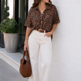 Leopard Print Ribbed Button Down Collared Top