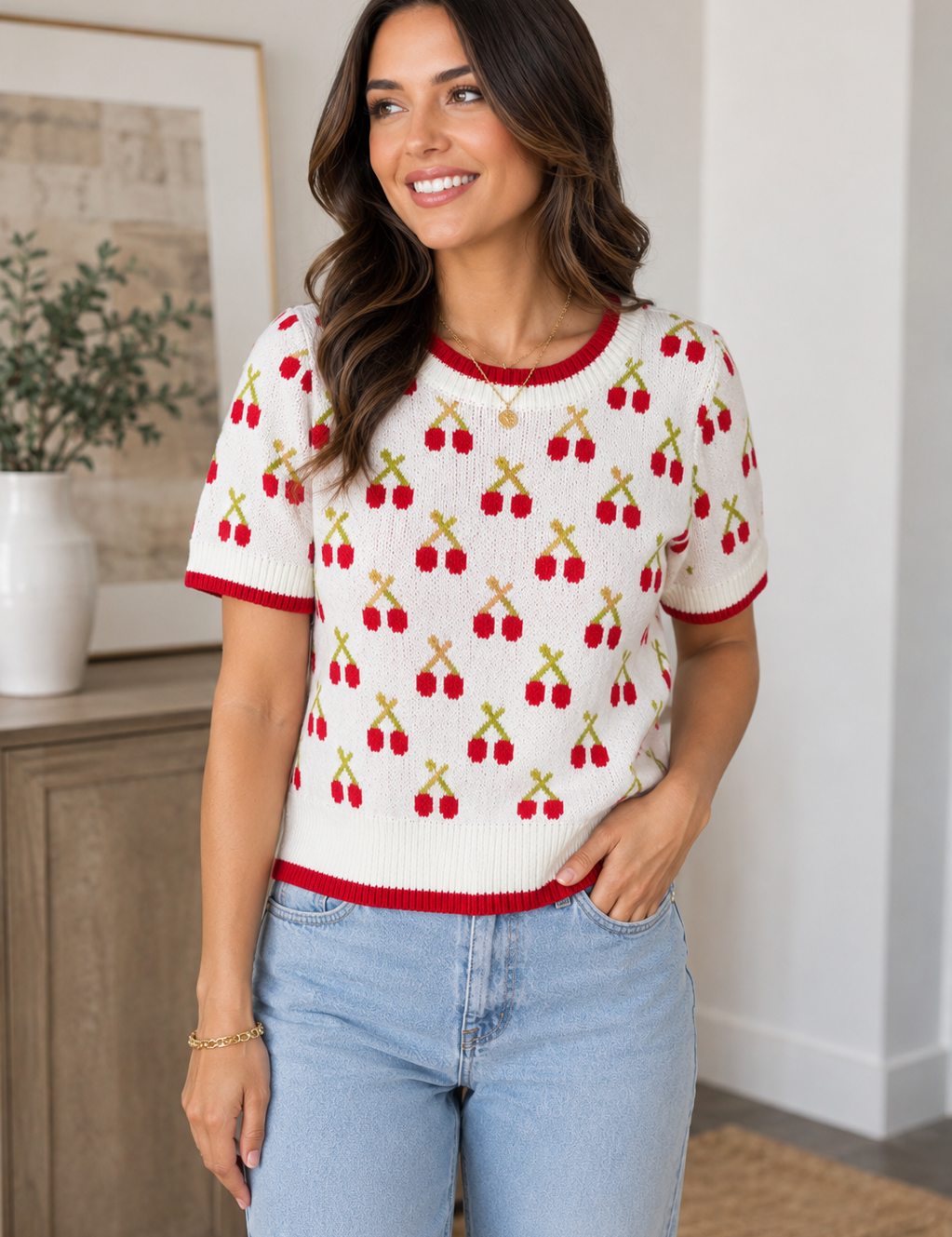 Crew Neck Cherry Jacquard Knitted Crop Top