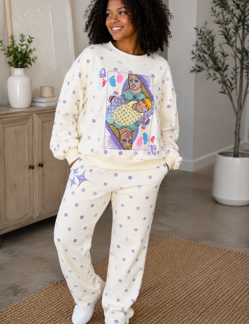 Beige & Lavender Polka Dot Sparkle Logo Pant - Queen of Sparkles